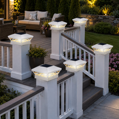 6-Pack White Solar Post Caps with 2 Brightness Modes, Fits 3.5x3.5, 4x4, 5x5, 5.5x5.5 Wood/Vinyl Posts, Weatherproof for Garden, Patio, and Porch