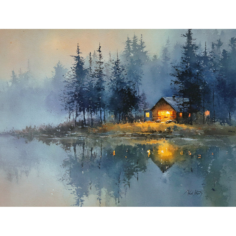 Art mural sur toile Misty Cabin Reflections, H 16 po x l 24 po