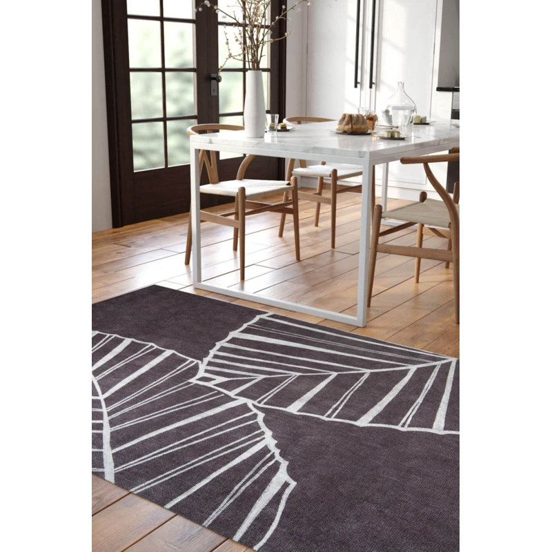 Tapis décoratif à motif floral noir et blanc, Rectangle 3 pi 10 po x 5 pi 3 po
