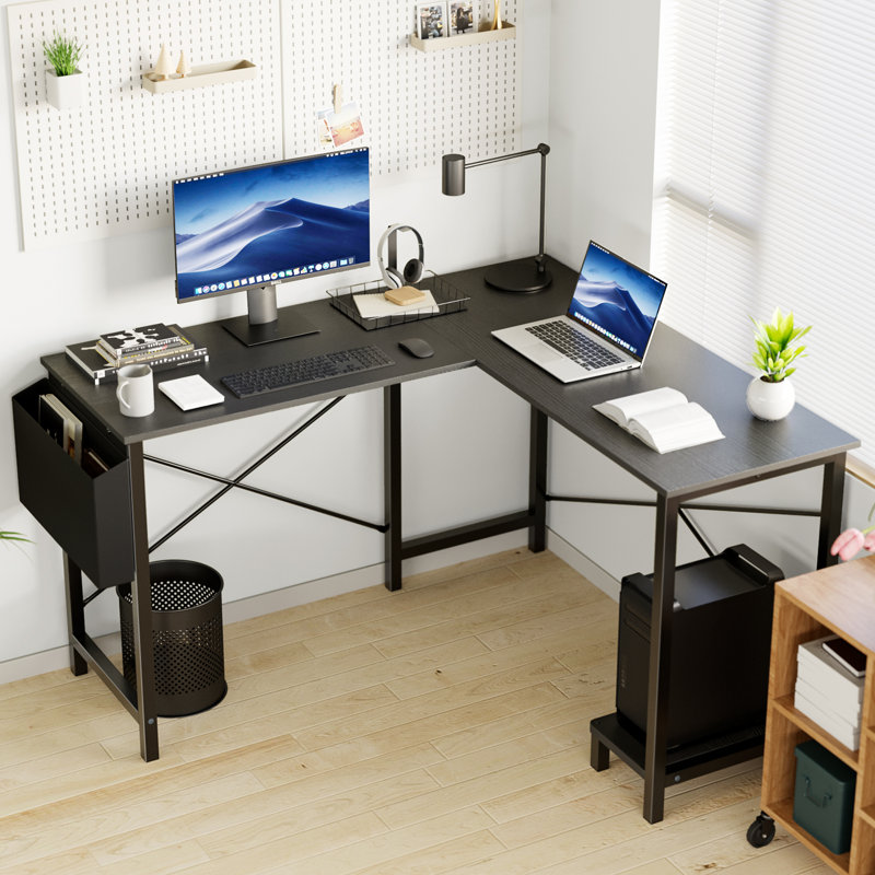 2-Set L-Shaped Computer Desk with Desk Monitor Stand and Side Storage Bag, Black