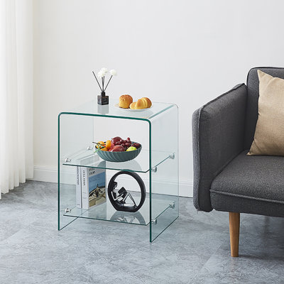 2 Layer Tempered Glass Side Table, Clear Glass Sofa Table