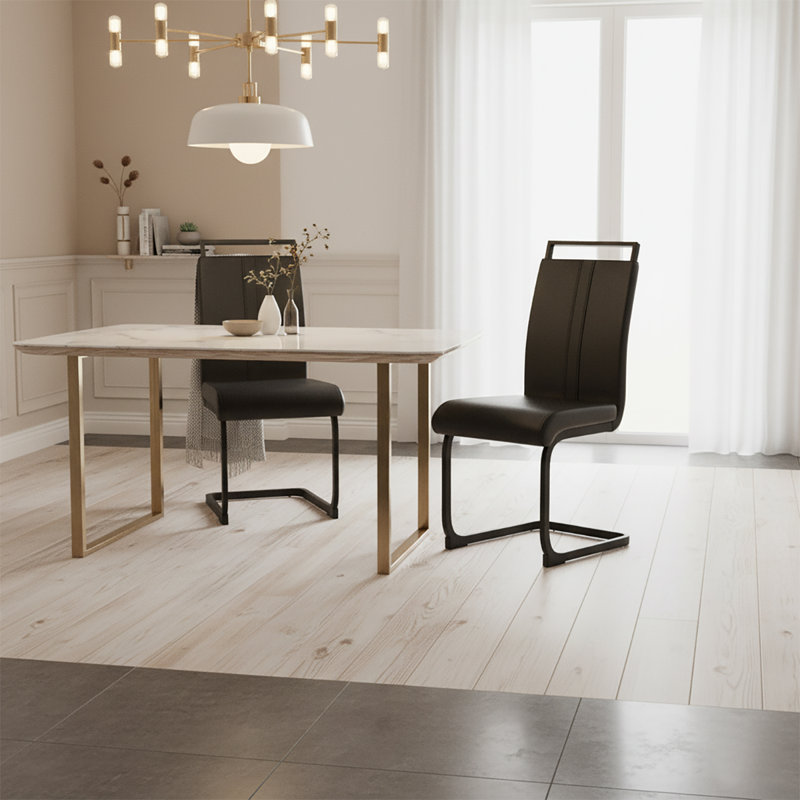 Ensemble de deux chaises de salle à manger rembourrées en similicuir moderne et classique, Noir, Doré