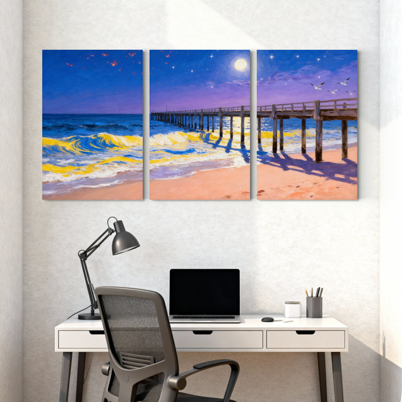 Abstrait, clair de lune, plage, jetée, vagues, ciel, étoiles, mouettes, sable, ensemble de 3 impressions sur toile