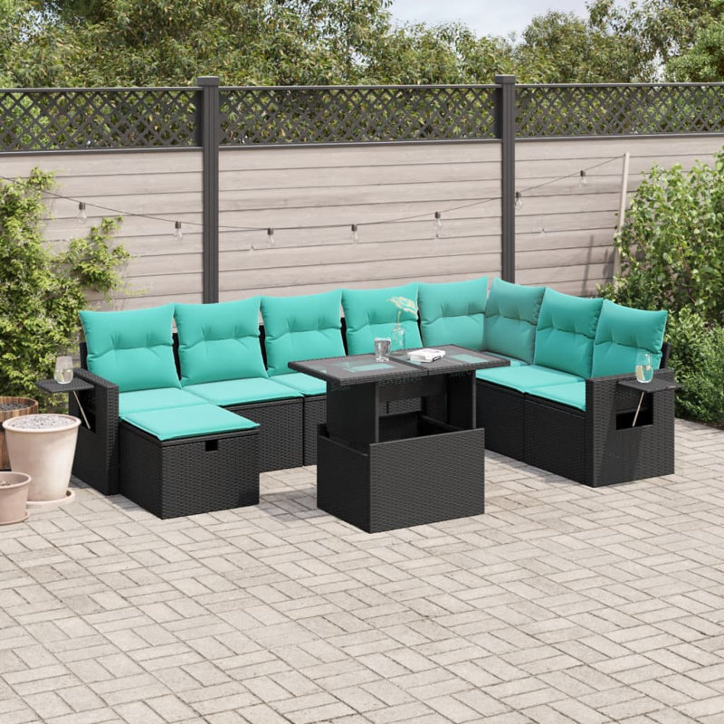  Ensemble de canapé de patio 9 pièces avec coussins en rotin de polyester, Noir, Vert
