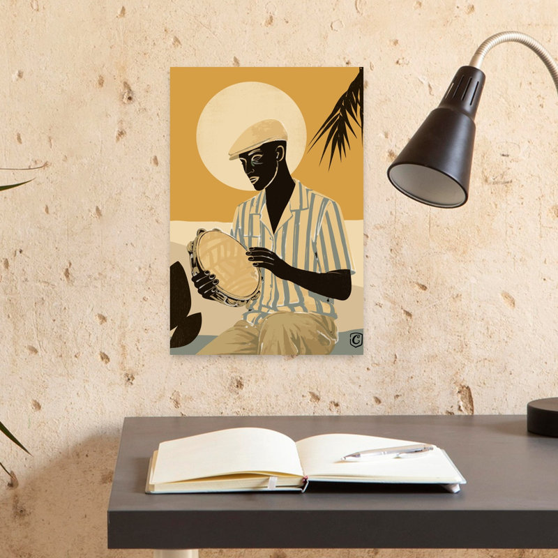 Tropical, joueur de tambourin abstrait, rétro, palmier rétro, paysage, impression d'art mural, 18" H x 12" W
