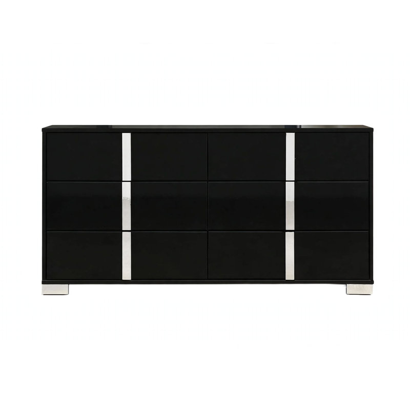 Suni Wide Dresser, Piano Wood With UV Finish, 6 Drawers, Piano Black/Chrome