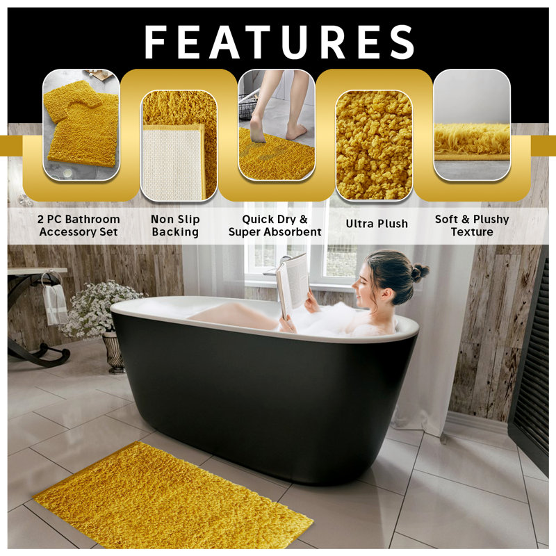 Luxury Zero Twist Bath Mat Set 2 Piece Plush Microfiber Bathroom Rug & Pedestal Mat Non Slip Absorbent Washable, Ochre