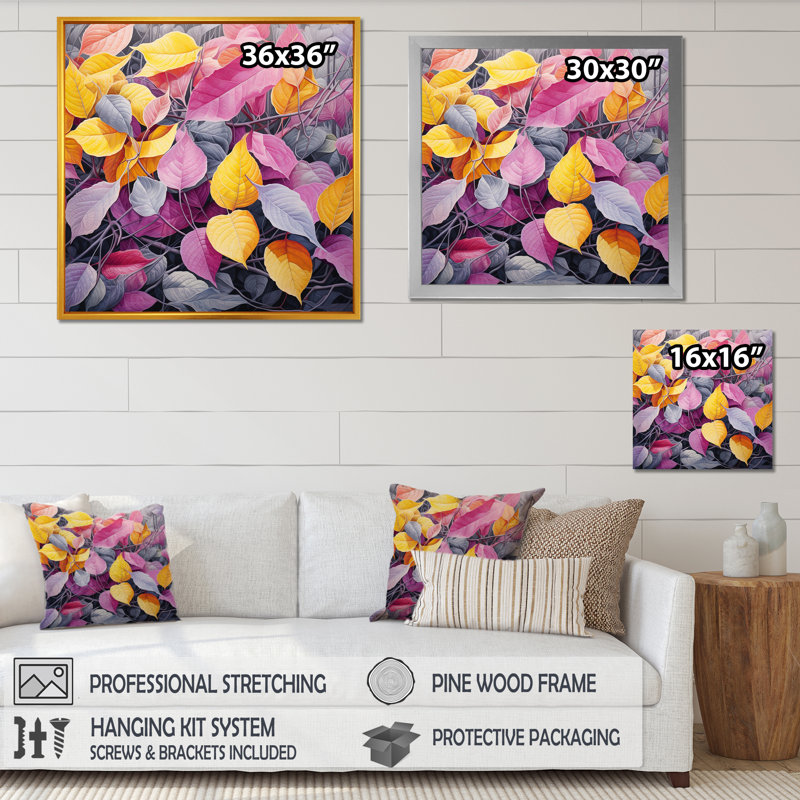 Feuilles roses et jaunes en hiver, Toile tendue, 16" H x 16" W