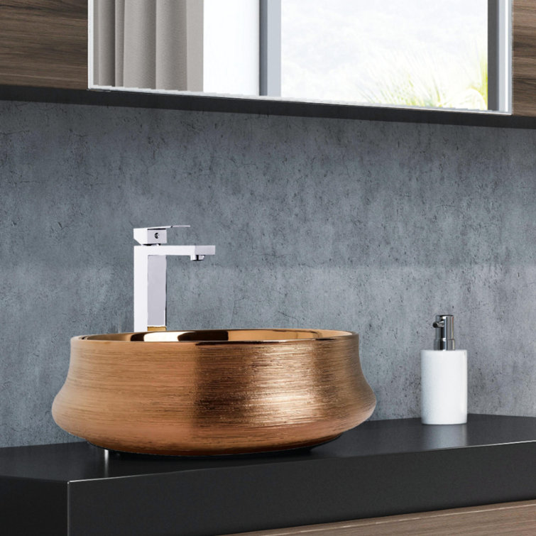 Brushed Bronze Vitreous China Circular Vessel Bathroom Sink with Overflow