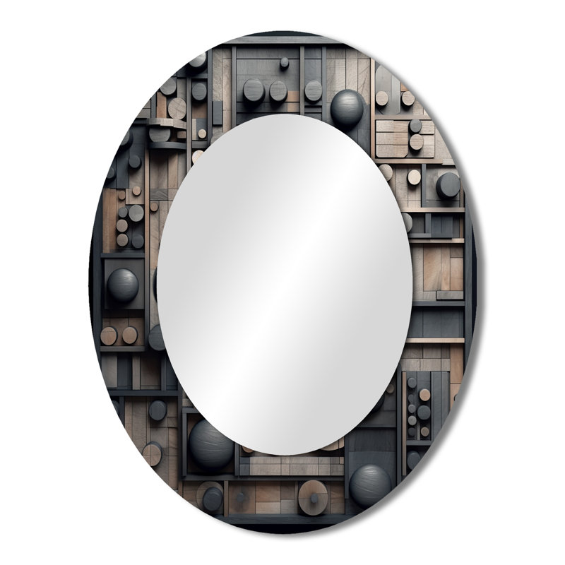 Cubic Geometric Dreams II - Grand miroir mural ovale sur métal, 43 po x 33 po
