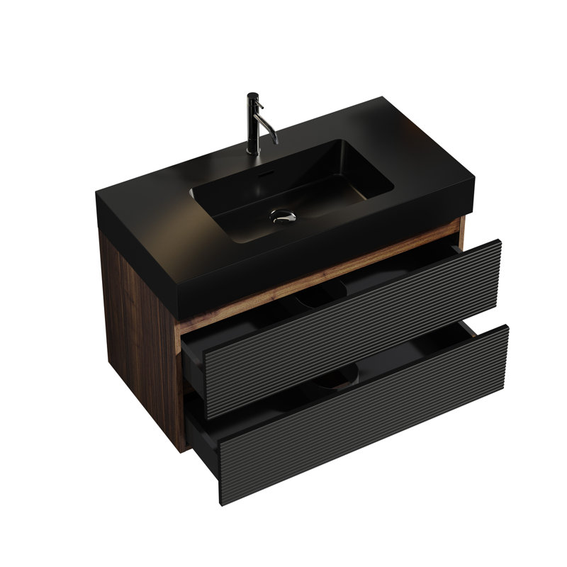 Meuble-lavabo mural flottant pour salle de bain moderne, Noir, noir, noir, noir