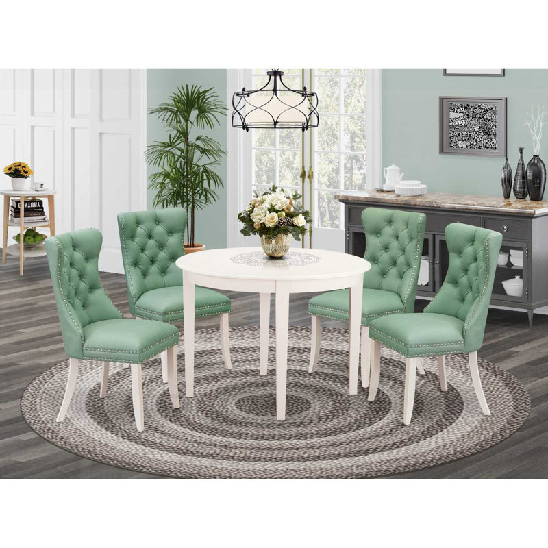 5-Piece Linen White Solid Wood Top - Round Upholstered Dining Room Set - (Seats-4), Green