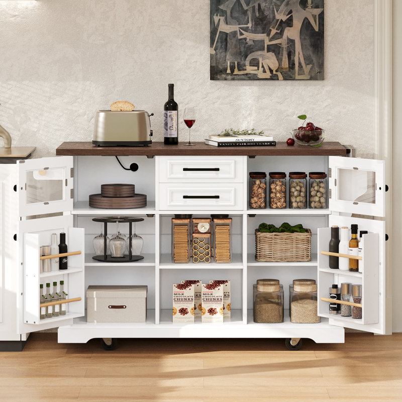 K&K 54.9" Kitchen Island With Drop Leaf, Power Outlet, Kitchen Storage Cart With 4 Door Shelves, Cross Barn Doors & Visual Glass Door, Rolling Kitchen Island On 4 Wheels For Kitchen, Dining Room,White