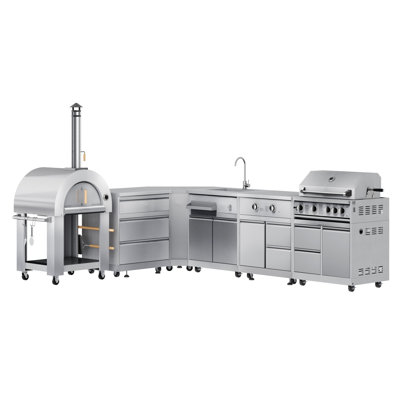 Cuisine modulaire KoolMore Outdoor Kitchen Series avec four à pizza au feu de bois, armoire à 3 tiroirs, armoire d'angle, évier, brûleur latéral, barbecue de 30 po et armoire en acier inoxydable (km-OKSKIT-CONFIG110)