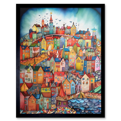 Abstract Fishing Village Folk Art Artwork Framed Wall Art Print 9X7 Inch