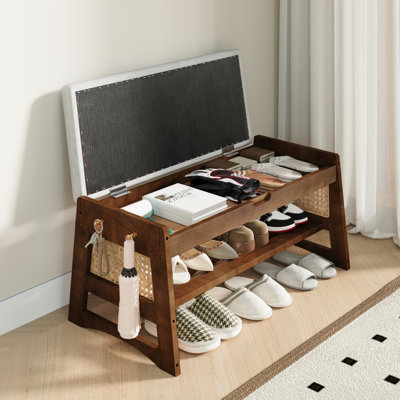 Banc à chaussures avec rangement rabattable - Organisateur en bois massif l 37,4 po x H 15,7 po avec siège rembourré et crochets latéraux pour l'entrée, le couloir, le vestibule, le placard ou le salon