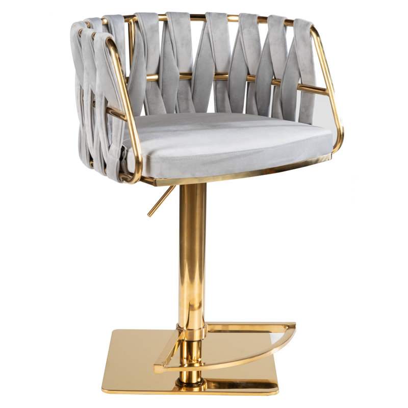 Gray Velvet Adjustable Swivel Bar Stool with Gold Steel Base
