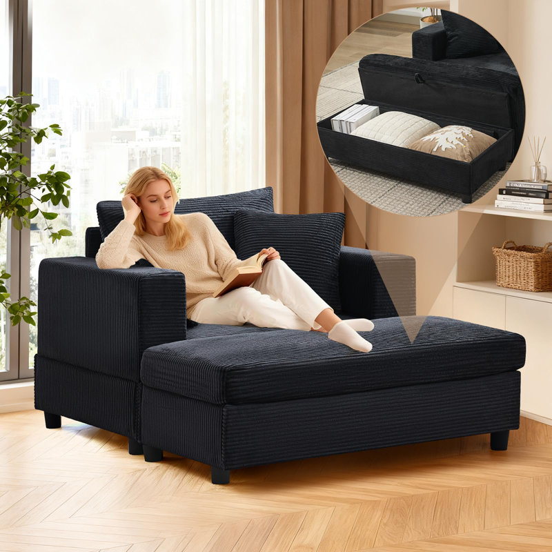 Corduroy Upholstered Sofa Lounge Chair with Removable Storage Ottoman and Pillows, Black, Storage Ottoman