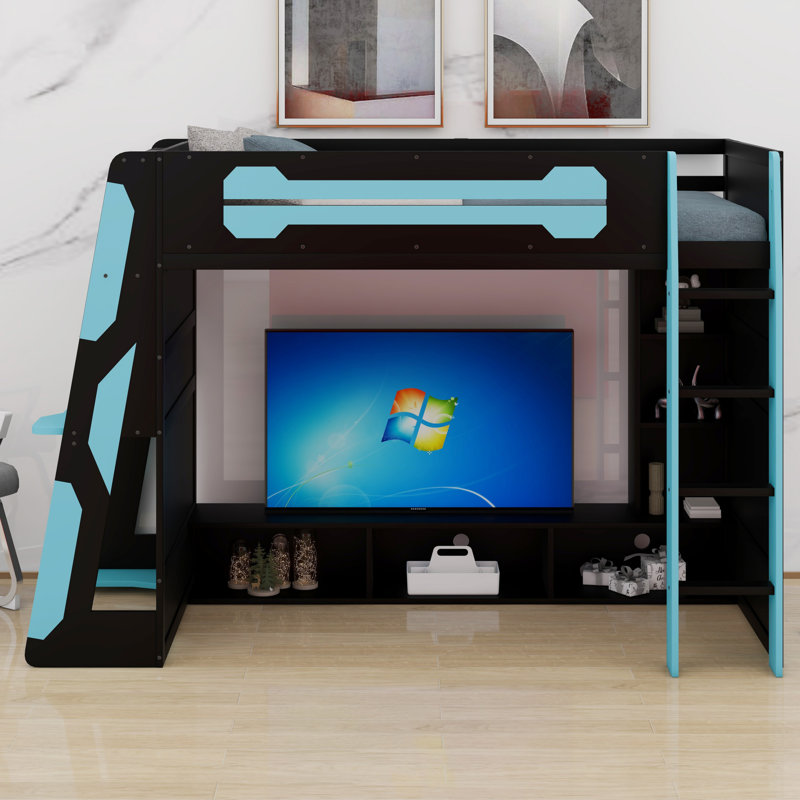 Lit mezzanine moderne avec bureau intégré, tablettes et éclairage RVB, Noir/bleu nuage