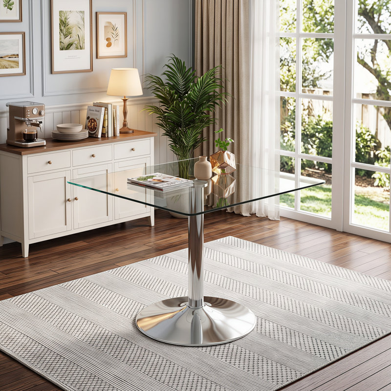 Table de salle à manger carrée moderne en verre de 98 cm (38,5 po) avec pied central en métal, Silvery