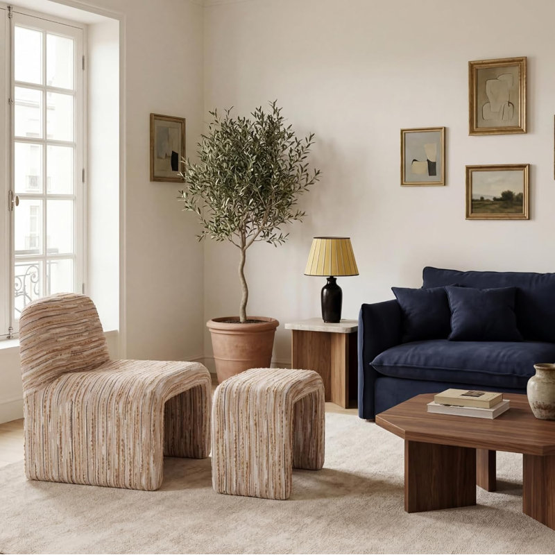 Fauteuil d'appoint contemporain avec repose-pieds, Lin brun