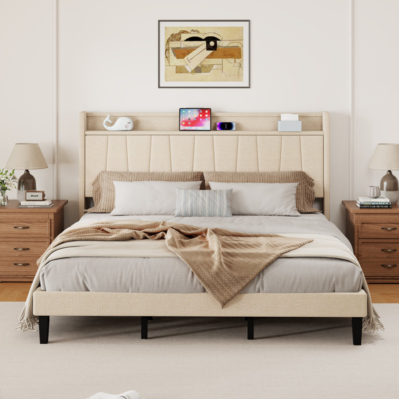 Lit à panneau tapissier avec tête de lit, Beige, Très grand lit