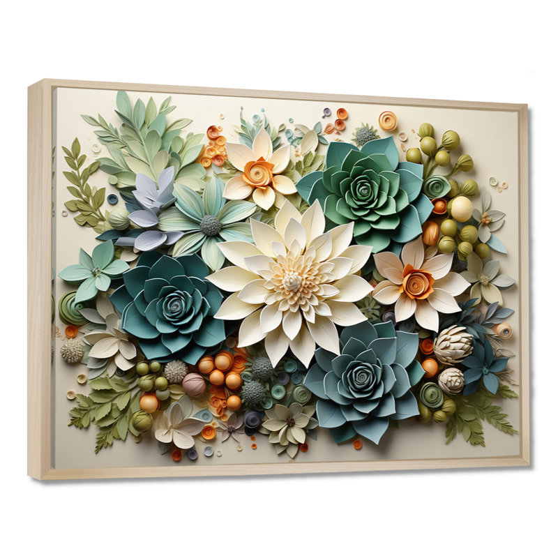 Plantes vertes succulentes sereines - Art mural, H 24 po x l 32 po x P 1 po, Reproduction avec cadre flottant, Érable