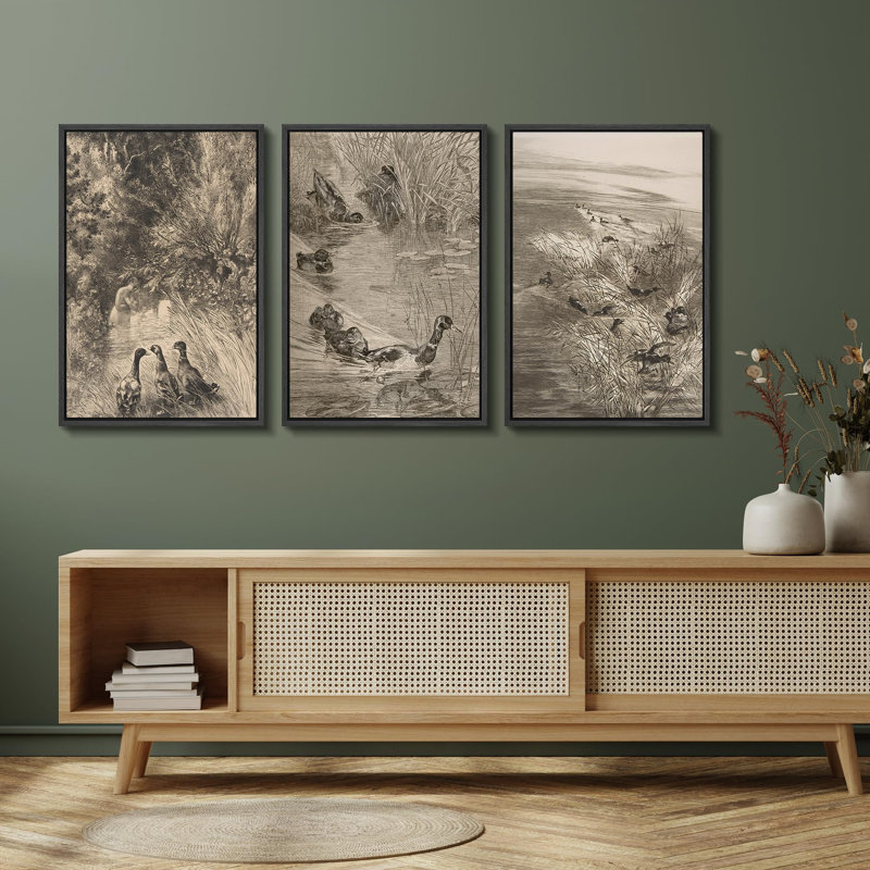 Abstract Mountain " Serene Lakeside Ducks Peaceful Nature Scene Nature Landscape Vintage Classic Rustic Art Decor Relax " 3 - Pieces