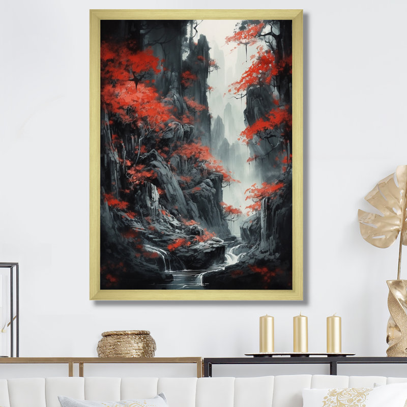 Sommerset, érable du Japon rouge sur impression sur toile, H 20 po x l 12 po x P 1 po, Encadrement doré