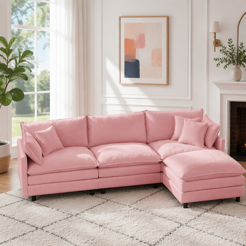 Canapé modulaire en L en forme de L avec repose-pieds mobile, revêtement en chenille, rose, L 110 po, Chenille rose