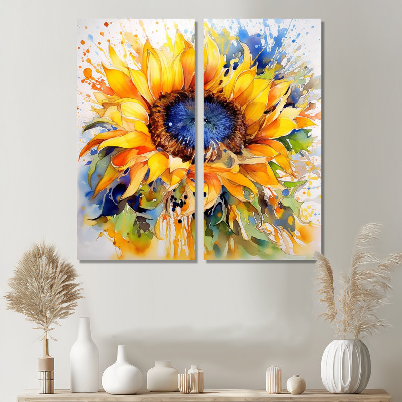 Jaune, bleu, doré, tournesols joyeux - impressions d'art sur toile jaunes, 32" H x 32" W, Wrapped Canvas, Does Not Apply