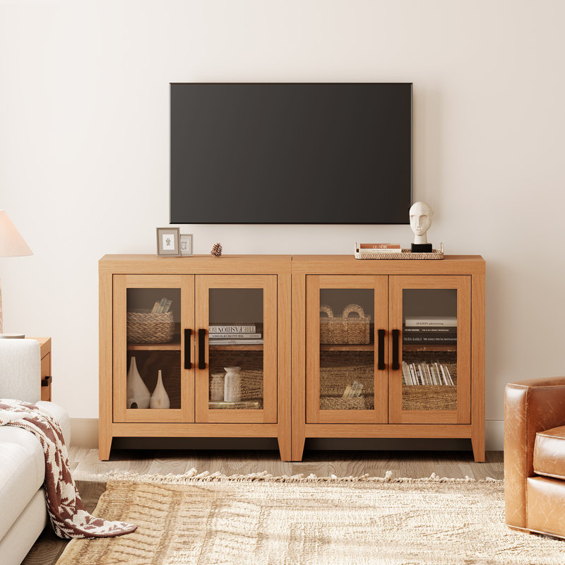 Farmhouse TV Stand For Tvs Up To 65”, Rustic Wood Entertainment Center With Adjustable Shelf, Glass Doors & Storage, Media Console Cabinet For Living-Room, Bedroom