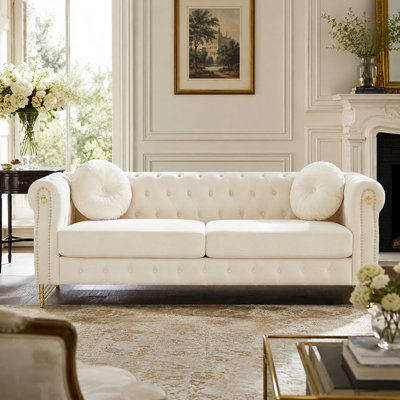 82-Inch Velvet Chesterfield Sofa with Round Toss Pillows