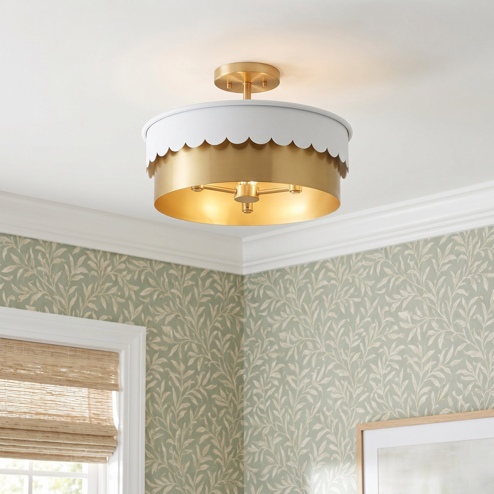 Dulcia 3-Light Semi Flush Mount, White/Natural Brass