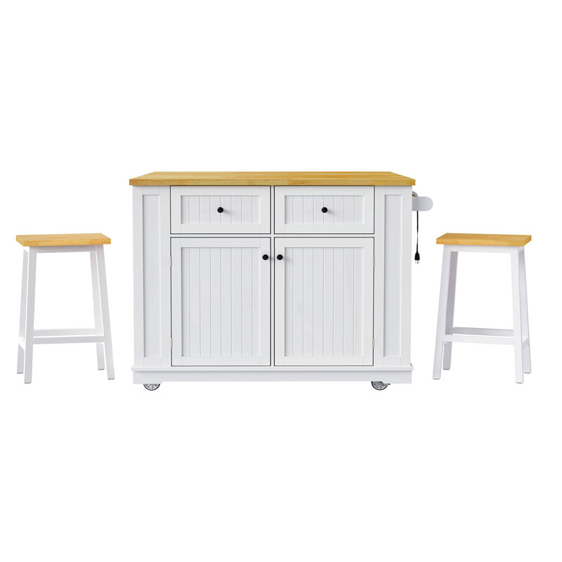 48Inch Large Kitchen Island With 2 Bar Stools, Power Outlet, Door Internal Storage Rack, Kitchen Storage Cart On 5 Wheels With Drop Leaf, 5 Open Side Racks, 2 Drawers,For Kitchen,Dining Room
