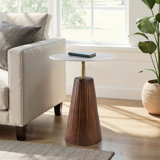 Modern Wood and Metal Accent Table with Round Stone Top, Contemporary Decorative Side Table.