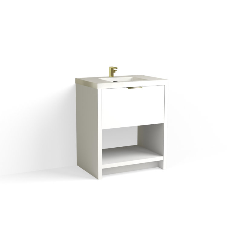 Vista 30" W Freestanding Single Bathroom Vanity, White Gloss, Single-Hole, White Nanomatte/Matte Black