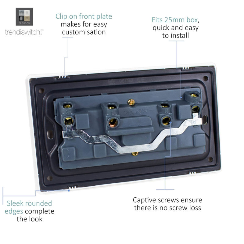 Trendi Switch 2 Gang Long Switched Plug Socket, Cool Grey