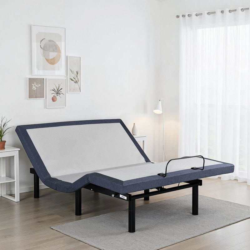 Adjustable Bed Base For King, Comfort, Full - Range Adjustment, One Touch Return, Programmable Memory, Wireless Remote, 850 Lbs Capacity, Centre Folding, 3 Leg Heights, Blue Grey Support,