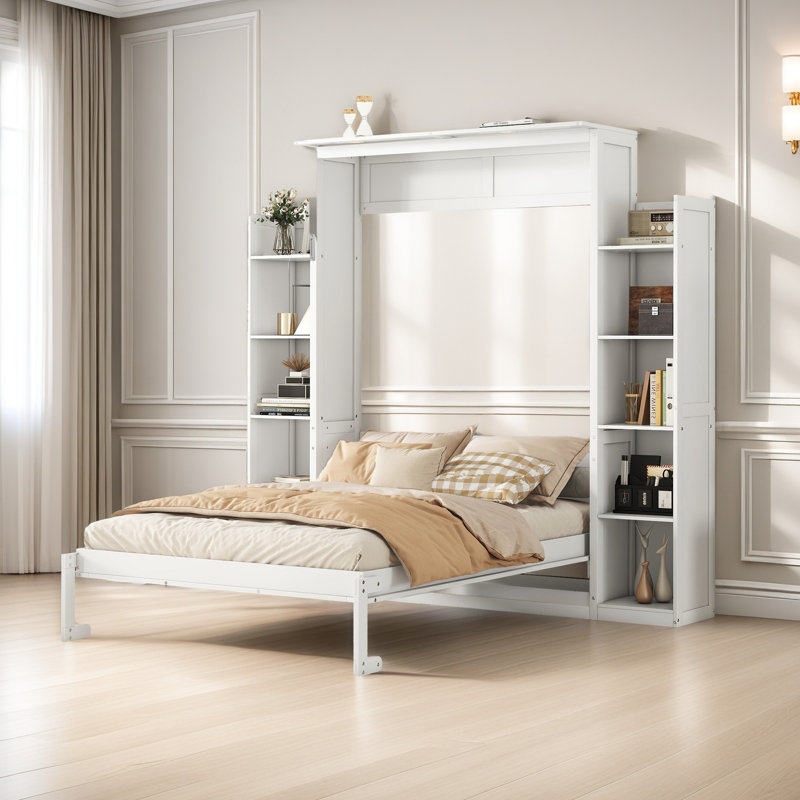 Lit escamotable pleine grandeur avec lumières à DEL et tablettes de rangement, armoire de lit murale peu encombrante, Blanc
