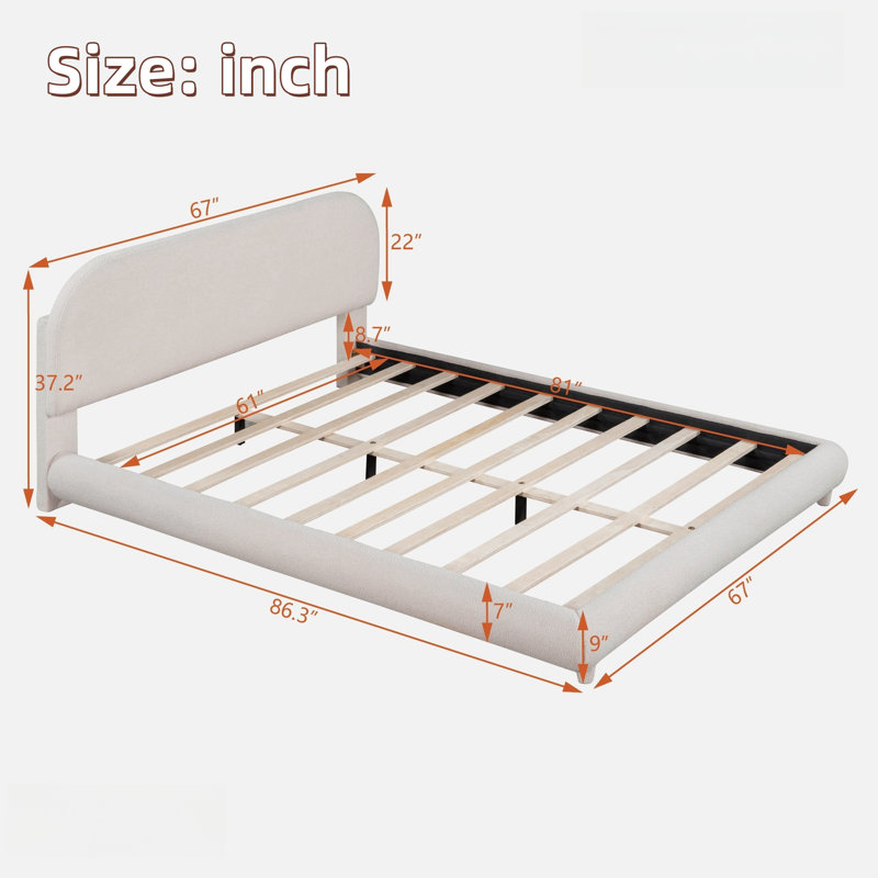 Lit plateforme tapissier avec tissu épais et design élégant en forme de courbe, Grand lit