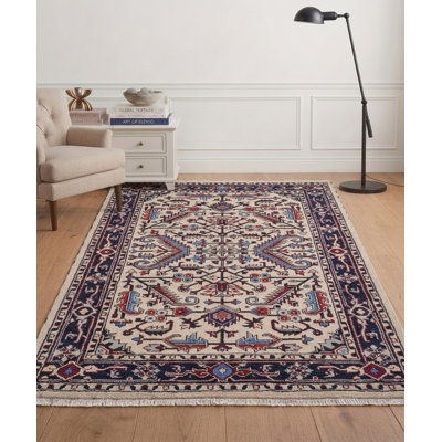 Tapis d'intérieur rectangulaire en soie et laine, blanc et bleu, 152 x 244 cm, fait main, de style oriental, noué à la main.