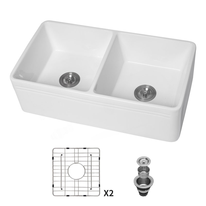 White Farmhouse Sink - 33 Inch Kitchen Sink Apron Front Double Bowl 50/50 White Ceramic Kitchen Farm Sink