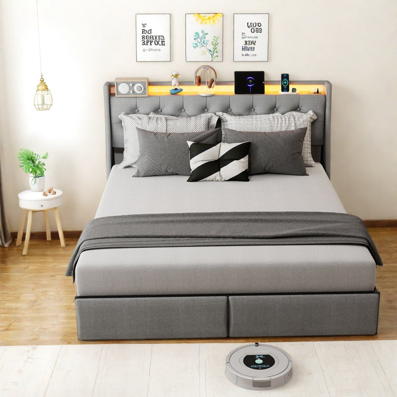 Lit Queen avec tête de lit de rangement, 4 tiroirs, cadre en acier, gris moderne