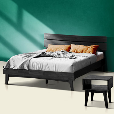 Ensemble de chambre à coucher grand 2 pièces - Structure de lit plateforme en bois d'acacia massif et table de chevet assortie, finition Mid-Century moderne, finition noyer, capacité de 800 lb, rangement, sans sommier, facile à assembler