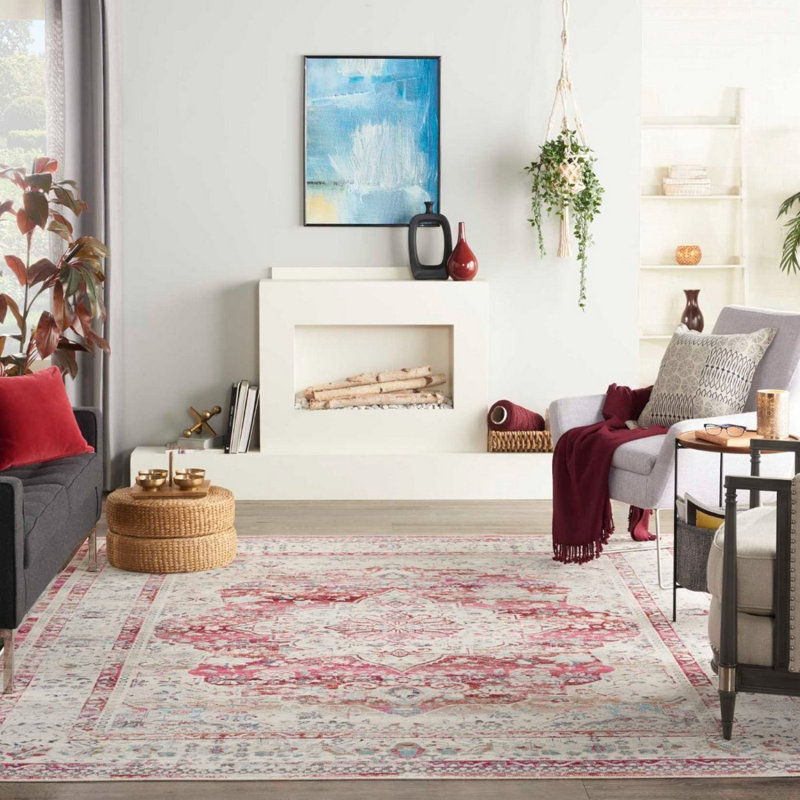 Red Rug, Bordered Floral Rug, Traditional Stain Resistant Rug, Persian Rug For Bedroom, Dining Room, Round 183cm