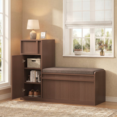 Banc de rangement en L 45,3 po, banc de hall d'entrée avec rangement pour chaussures, coussin et panneaux cannelés