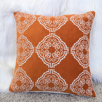 Burnt Orange Damask Embroidered Throw Pillow – Boho Geometric Cushion