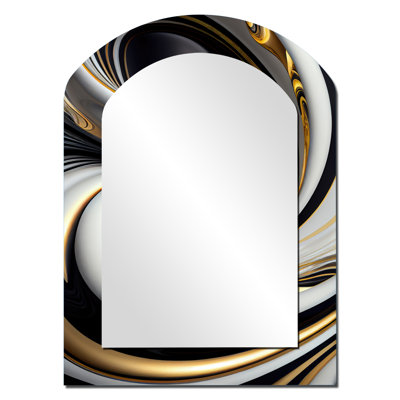 Gold Black And White Stained Glass I - Abstract Spirals Asymmetrical Large Mirror, Modern Arch Unique Wall Mirror Decor, Printed Metal Art