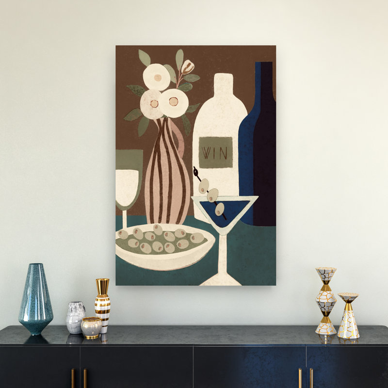 Martini, vin et olives, art contemporain abstrait élégant, H 36 po x l 24 po